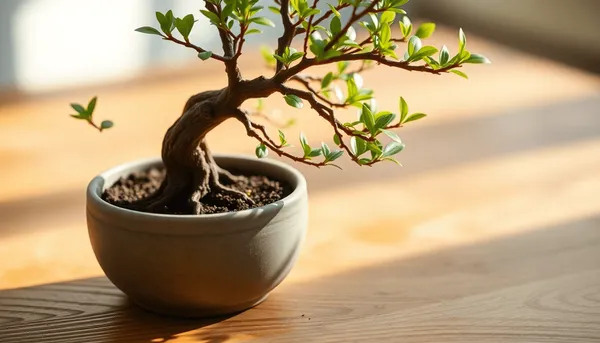 Bonsaï miniature avec des branches complexes et des feuilles vertes dans un pot en céramique