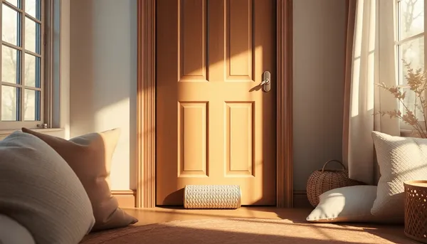 Intérieur cosy avec une porte fermée, un stop-draft cylindrique décoratif