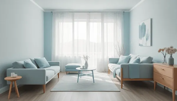 Salon de style scandinave cosy dans un doux bleu pastel avec des meubles en bois clair