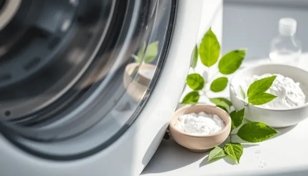 Gros plan d'un joint de porte de machine à laver et produits de nettoyage