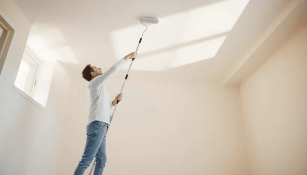 Une personne en train de peindre un plafond avec un rouleau télescopique dans une pièce 