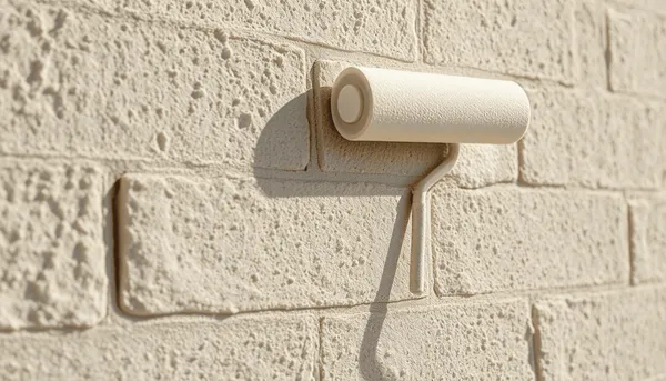 Gros plan d'un mur en blocs de béton texturé en train d'être peint avec un rouleau