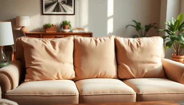 Salon confortable avec un canapé moelleux, des coussins doux, une lumière naturelle chaude 