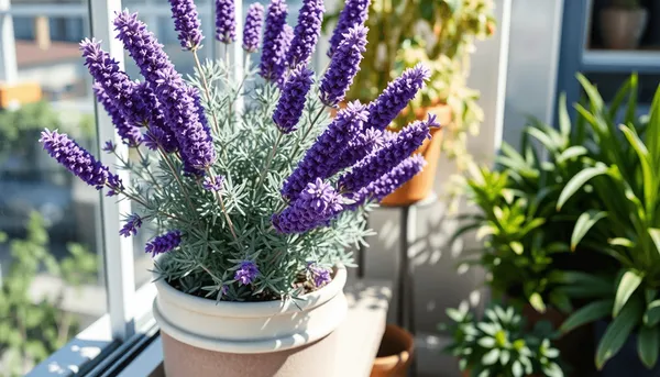 Lavande en pot avec des fleurs violettes et des feuilles vert argenté sur un balcon ensoleillé 