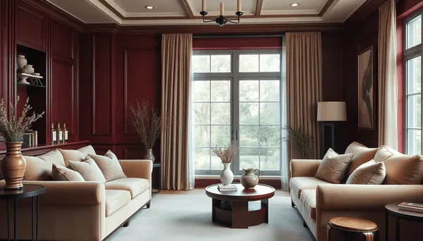 Salon élégant avec des murs bordeaux, des meubles beige et verts, des sièges confortables