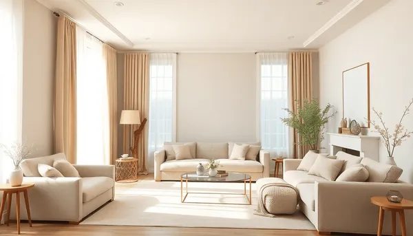 Salon confortable avec des murs de couleur lin, des meubles texturés, des accents en bois naturel