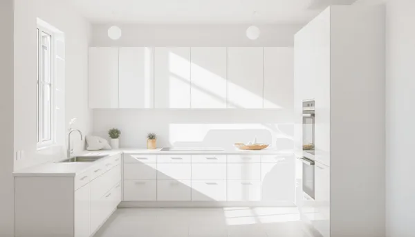 Cuisine moderne lumineuse avec des armoires blanches, des accents pastel et une lumière naturelle