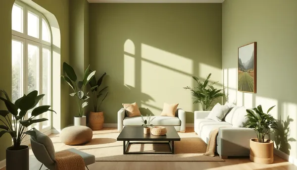 Salon élégant avec des murs vert olive, des meubles minimalistes, des plantes luxuriantes et des coussins