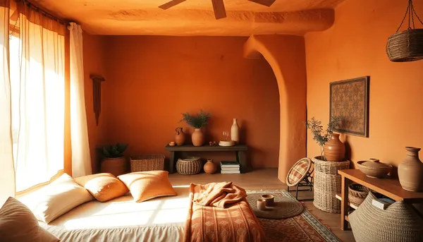 Chambre cosy avec des tons chauds de terre cuite, un éclairage doux, de la poterie en argile
