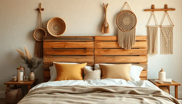 Chambre bohéme douillette avec tête de lit en palette de bois rustique, mur texturé, paniers tressés