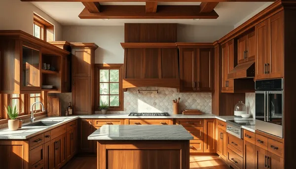 Cuisine moderne avec des armoires en bois de noyer, lumière naturelle douce et  design cosy 