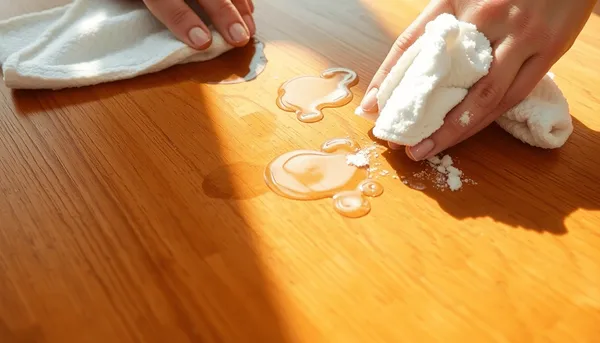 Gros plan sur une surface en bois poli avec des taches d'eau 