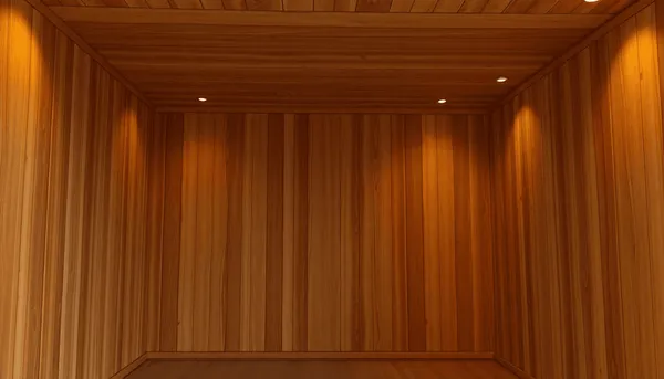 Chambre confortable avec des panneaux en bois naturel, un éclairage doux et chaleureux