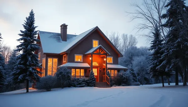 Maison confortable rayonnant chaleureusement au crépuscule, entourée d'arbres couverts de neige
