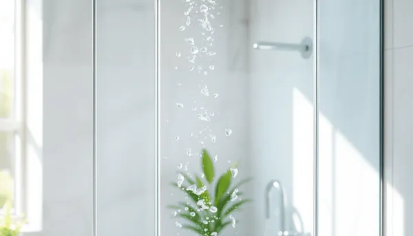 Douche de salle de bain moderne et lumineuse avec paroi en verre transparent, gouttes d'eau