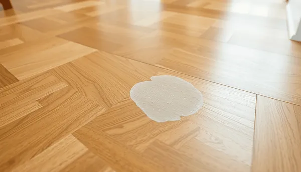 Gros plan sur un sol en parquet en bois avec une tache de décoloration pâle