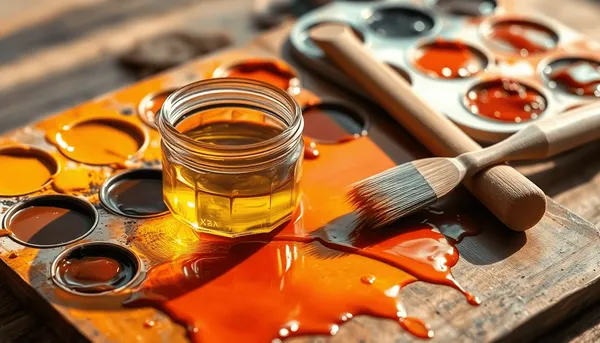 Gros plan d'une palette d'artiste avec des peintures à l'huile brillantes dans des tons terre