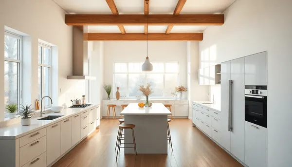 Cuisine moderne et lumineuse avec des plans de travail élégants, un îlot avec des tabourets