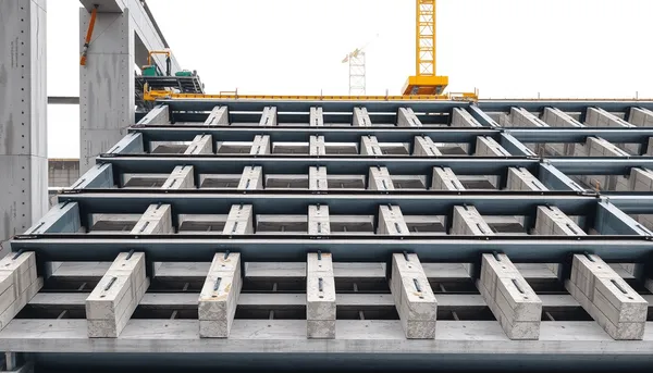 Chantier de construction avec des poutres en acier et en béton disposées en parallèle