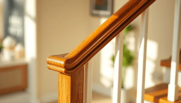 Gros plan d'une rampe d'escalier en bois poli, baignée dans une lumière naturelle chaude