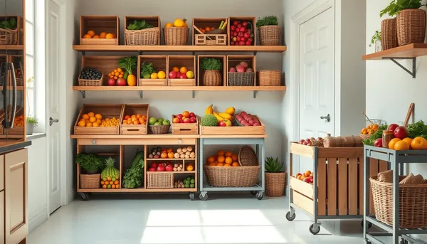 Coin de cuisine  lumineux avec des caisses en bois et des paniers en osier contenant des fruits