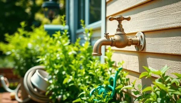 Gros plan d'un robinet de jardin classique à l'extérieur, sur un mur de maison, entouré de plantes vertes
