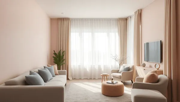 Salon moderne avec des murs rose pastel, des coussins moelleux, un fauteuil et des rideaux 