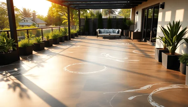 Terrasse moderne en plein air avec surface en résine lisse, motifs géométriques et naturels