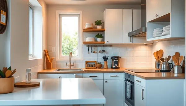 Bright modern small kitchen with compact countertops, sleek cabinets, organized utensils, clever storage