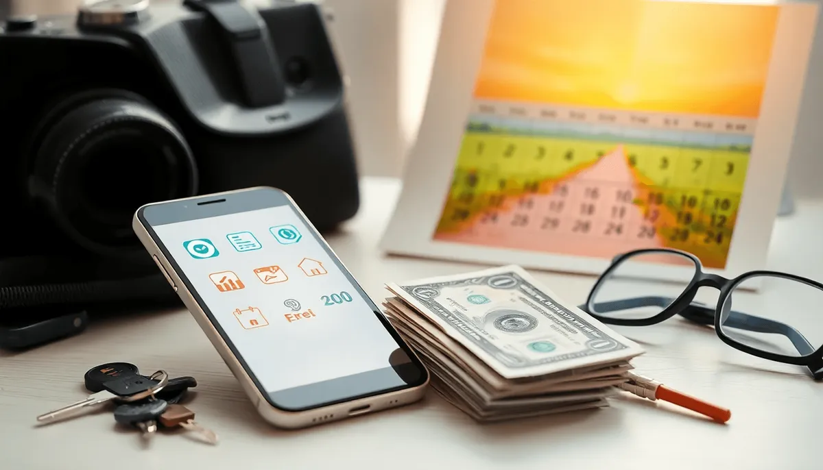 Une scène lumineuse avec un smartphone affichant des icônes d'applications, de l'argent à côté de clés et d...
