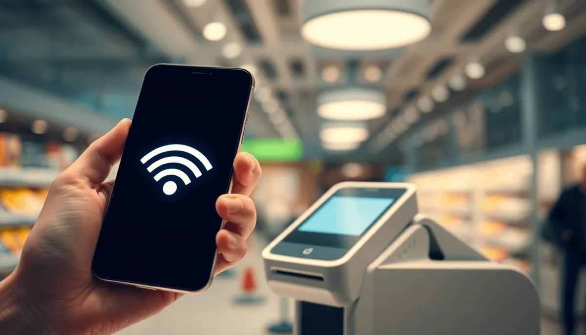 Gros plan sur une main tenant un smartphone avec un signal NFC lumineux à proximité d'un terminal de paiement