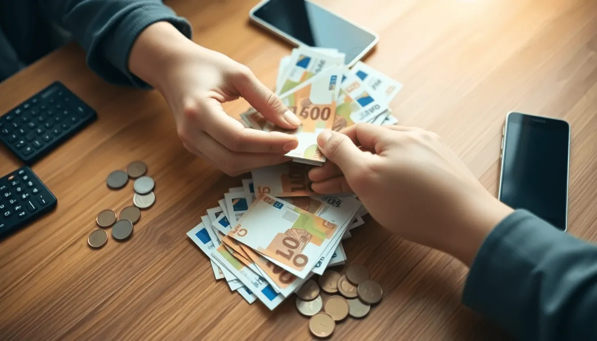 Des mains comptant des billets en euros sur une table en bois avec une calculatrice, des pièces de monnaie