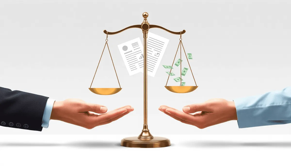 Échelle de justice équilibrée avec des documents financiers abstraits et de l'argent circulant