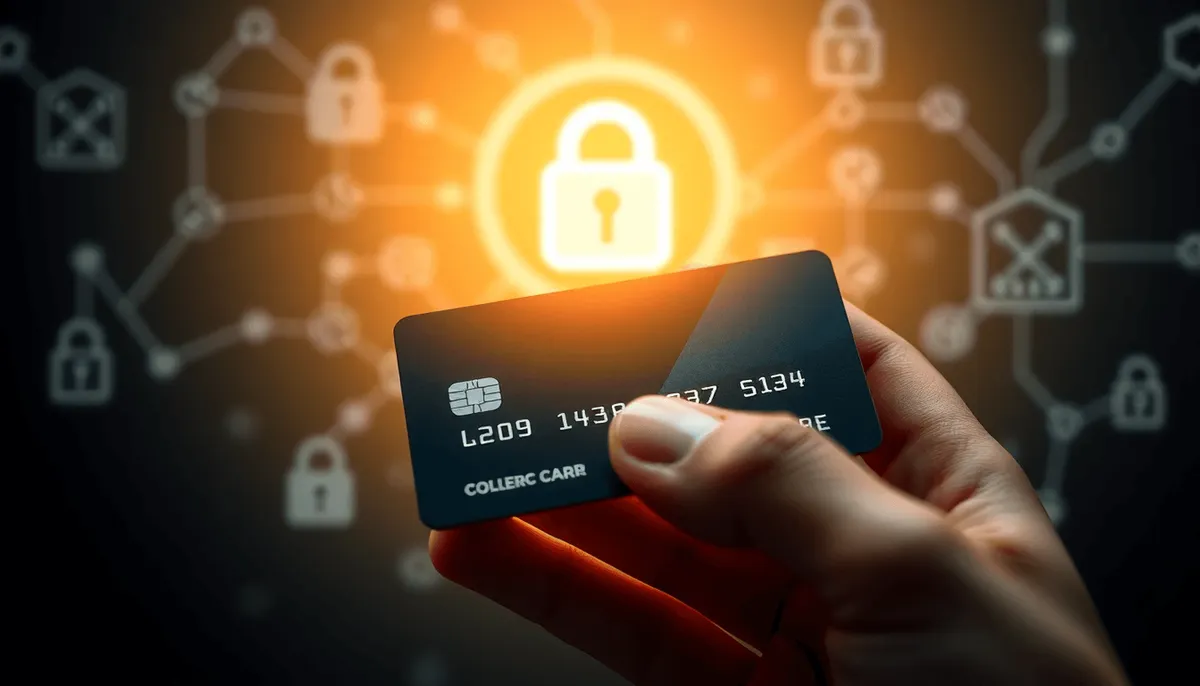 Gros plan d'une main tenant une carte bancaire avec un symbole de cadenas lumineux au-dessus
