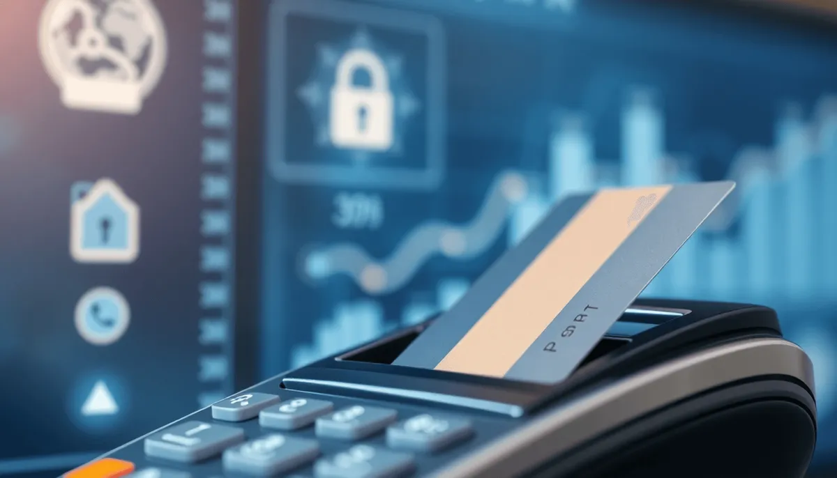 Gros plan d'une carte de crédit partiellement insérée dans un terminal de paiement élégant avec une interfa...