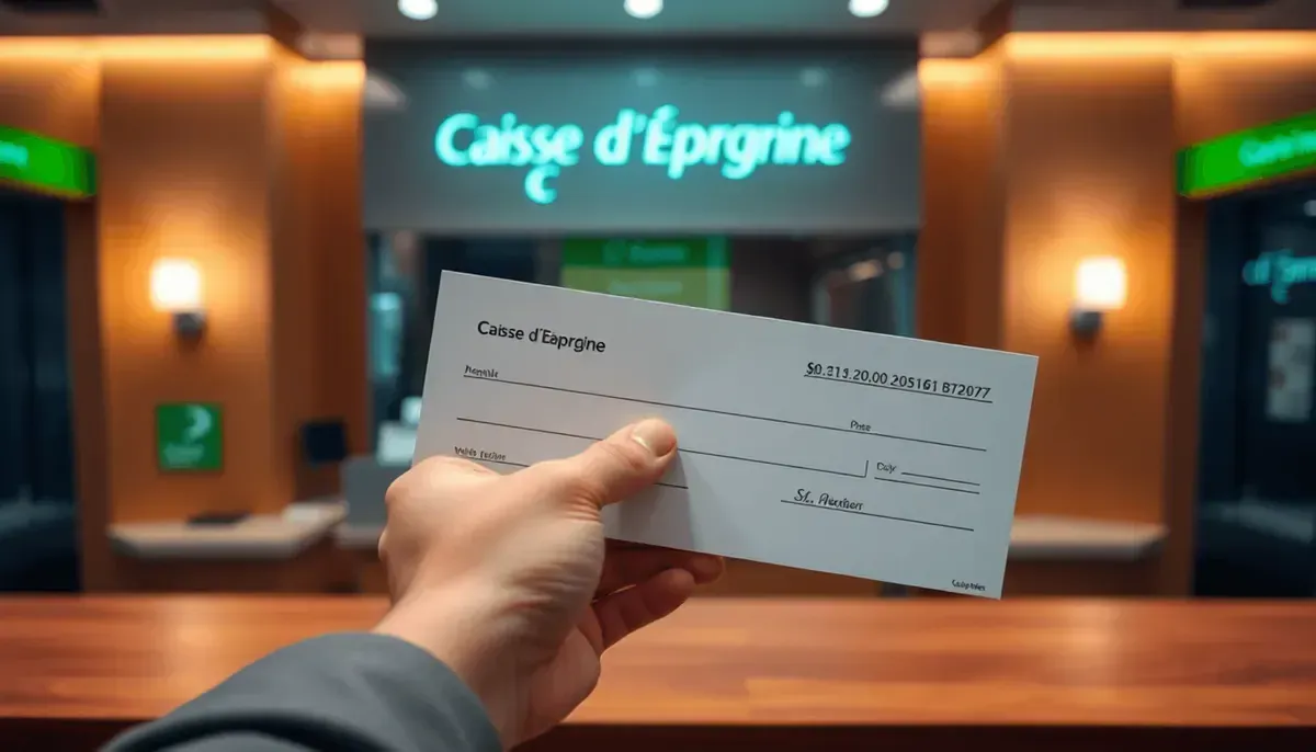 Main tenant un chèque vierge au-dessus d'un comptoir de banque en bois 