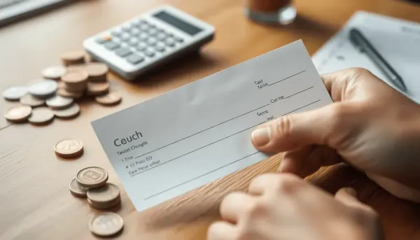 Gros plan sur une main tenant un chèque bancaire en papier sur un bureau en bois 