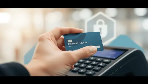 Gros plan sur une main tenant une carte de crédit près d'un terminal de paiement moderne 