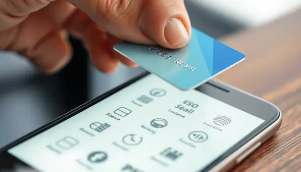Main tenant une carte bancaire au-dessus d'un smartphone affichant des icônes financières 