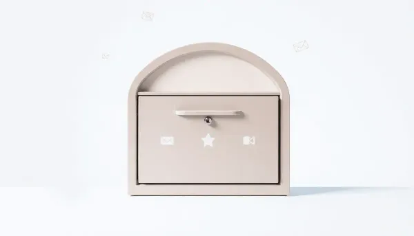 Une boîte aux lettres moderne et élégante sur un fond lumineux avec des icônes de courrier 