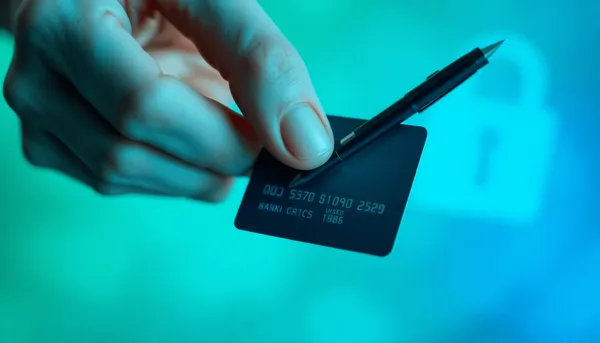Des mains tenant une carte bancaire et un stylo sur un fond abstrait bleu-vert symbolisant la sécurité