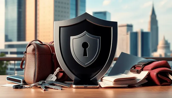 Un bouclier protecteur entouré de clés, d'un smartphone et de documents avec un paysage urbain moderne
