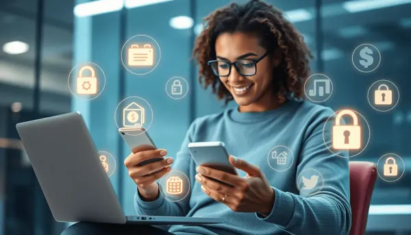 Personne avec un smartphone et un ordinateur portable avec des icônes de services financiers 