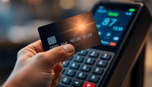 Main tenant une carte de crédit moderne près d'un terminal de paiement sans contact élégant