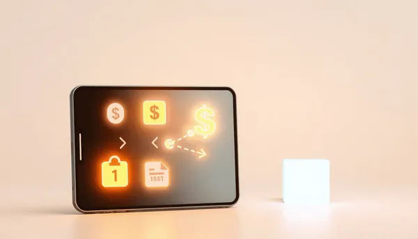 Un smartphone élégant affichant des icônes lumineuses pour le transfert d'argent et la gestion de compte su...