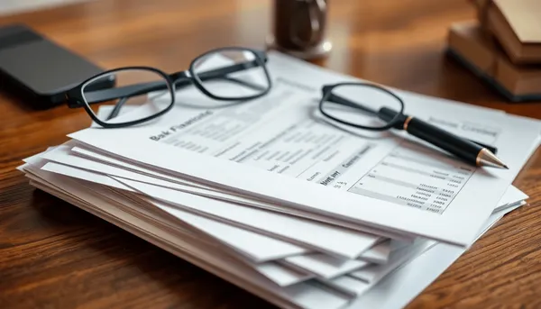 Gros plan sur des documents financiers empilés, des relevés bancaires, des lunettes de lecture et un stylo