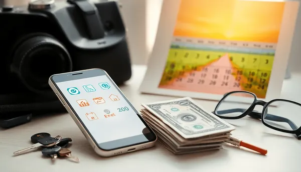 Une scène lumineuse avec un smartphone affichant des icônes d'applications, de l'argent à côté de clés et d...