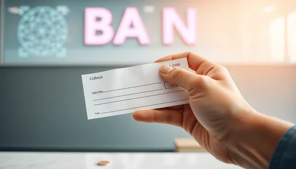Main tenant un chèque vierge au-dessus d'un comptoir bancaire avec un éclairage doux