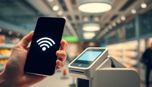 Gros plan sur une main tenant un smartphone avec un signal NFC lumineux à proximité d'un terminal de paiement