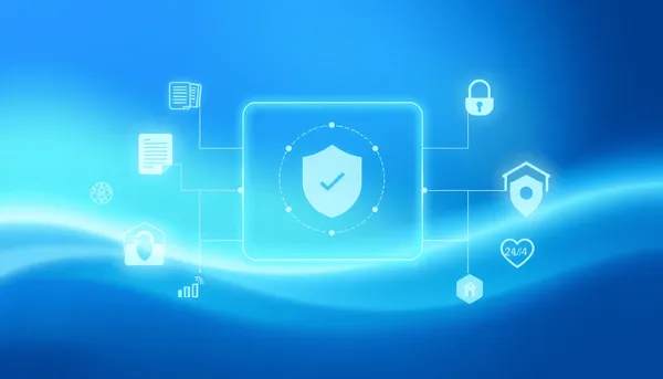 Interface numérique avec des icônes abstraites pour les contrats, la sécurité et l'accès 24/7